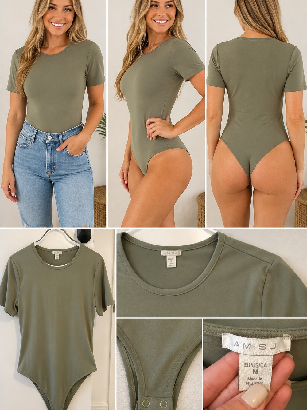 Amisu Olive Green Short Sleeve Crewneck Bodysuit
